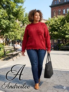 Andreilee Red Distressed Crewneck Sweater
